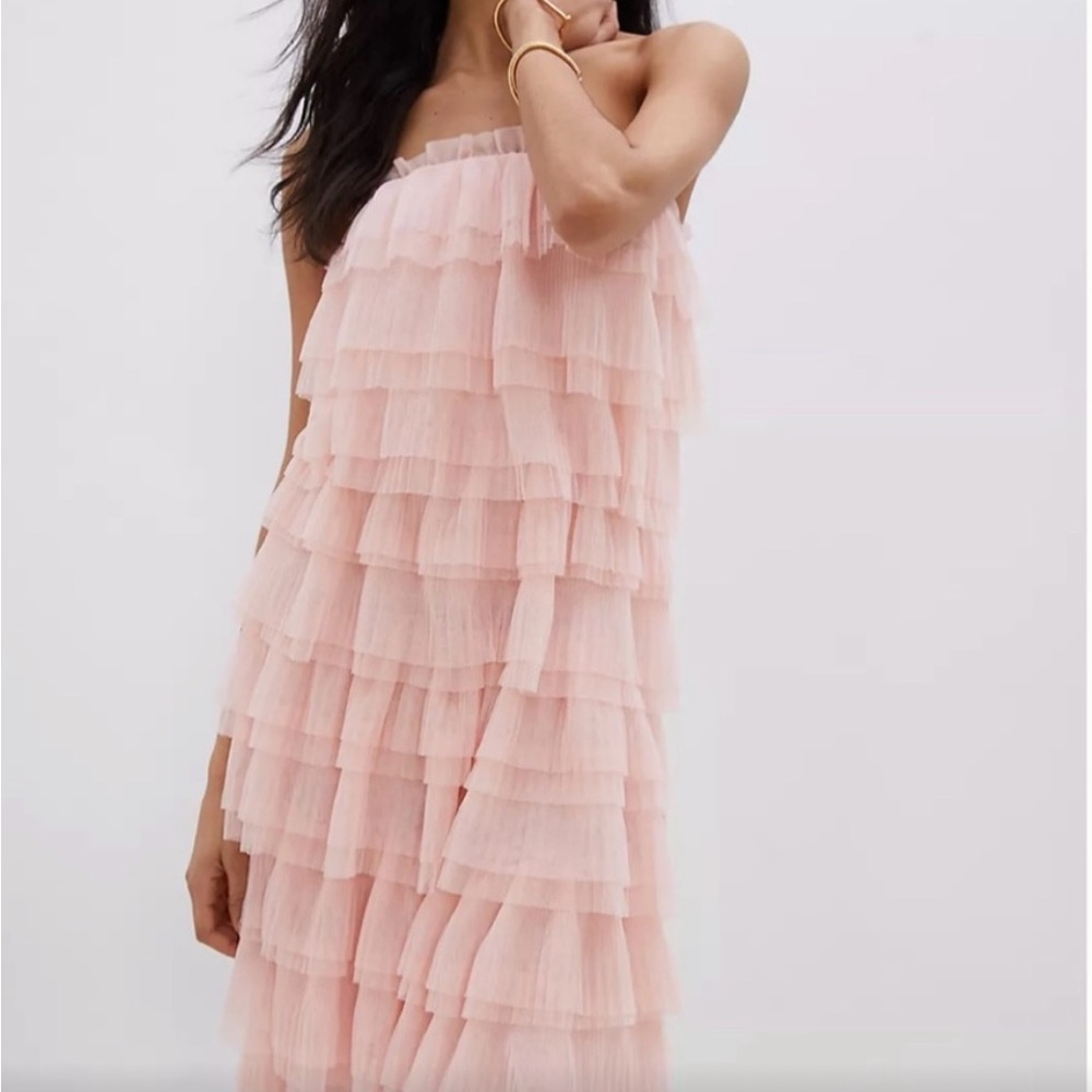Eva Franco Strapless Tiered Pink Tulle Dress